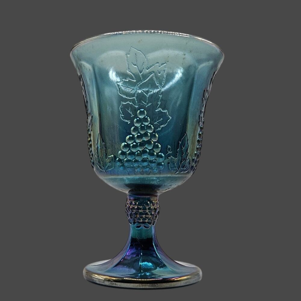Set of 3 Blue Carnival Glass Grape Pattern Goblets Stemmed Wine Water Glasses